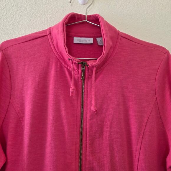 Chicos Weekends Zip Front Jacket Pink Womens Size L Cotton Slub Funnel Neck - Picture 2 of 11